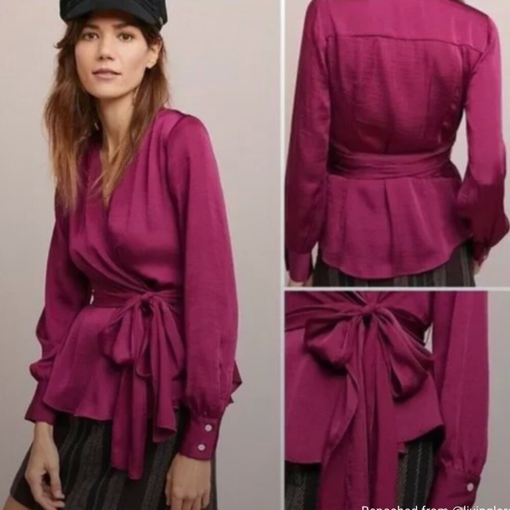 Anthropologie Plum Moulinette Soeurs Brynn Long Sleeved Wrap Around Blouse